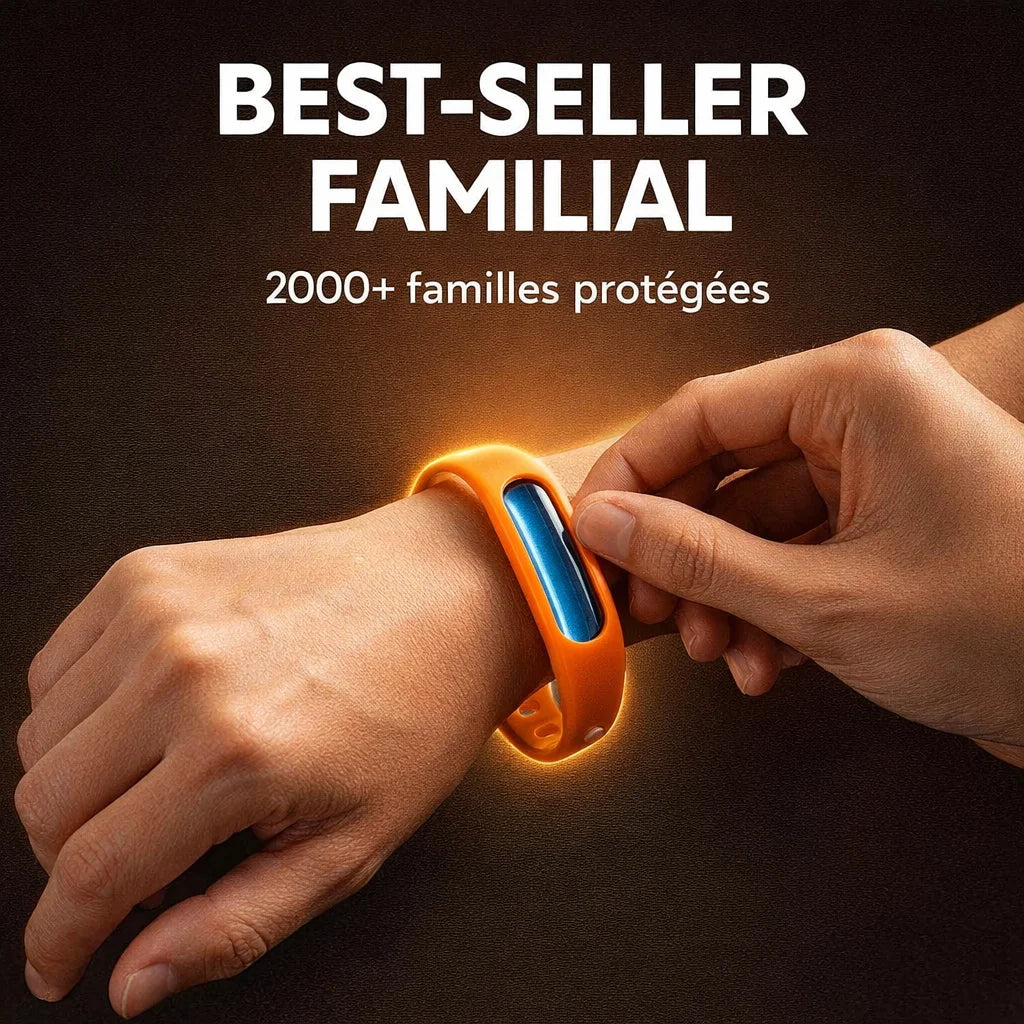 Product (bracelet anti-moustique in warm context - hands enfilant le bracelet) on solid #2c2418 dark