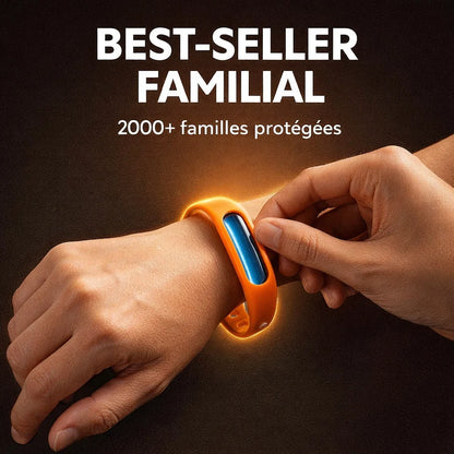 Product (bracelet anti-moustique in warm context - hands enfilant le bracelet) on solid #2c2418 dark