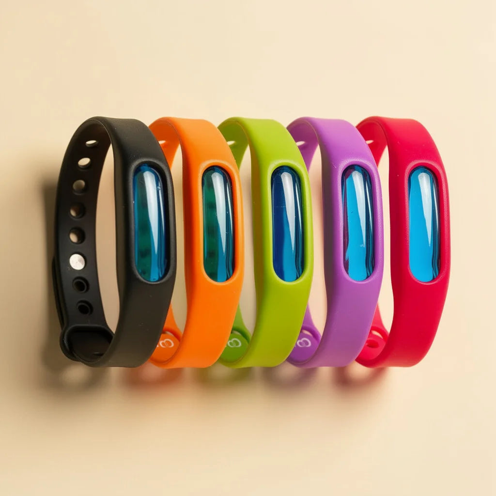Top-down flat lay of 5 colorful anti-mosquito bracelets arranged in row: black, orange, green, viole